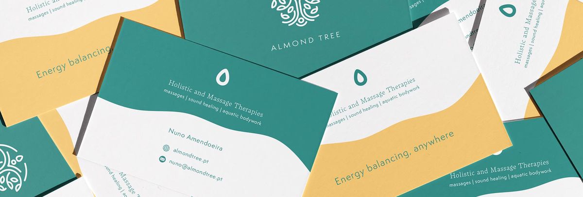 Cartões de visita Almond Tree Therapies, design para Nuno Amendoeira, terapeuta holístico nos Açores