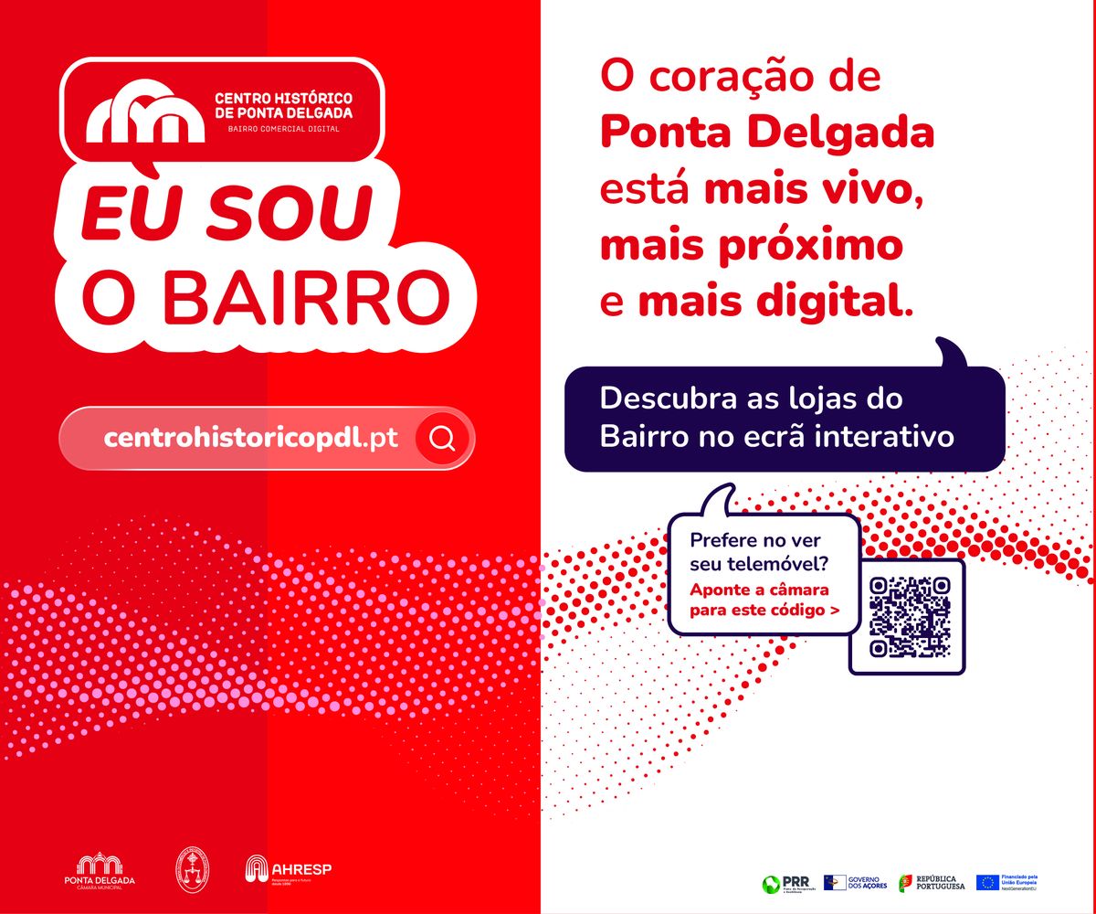 Lona esquerda do stand do Bairro Comercial Digital na FICSA 2026, com o balão de fala Eu sou o Bairro em vermelho