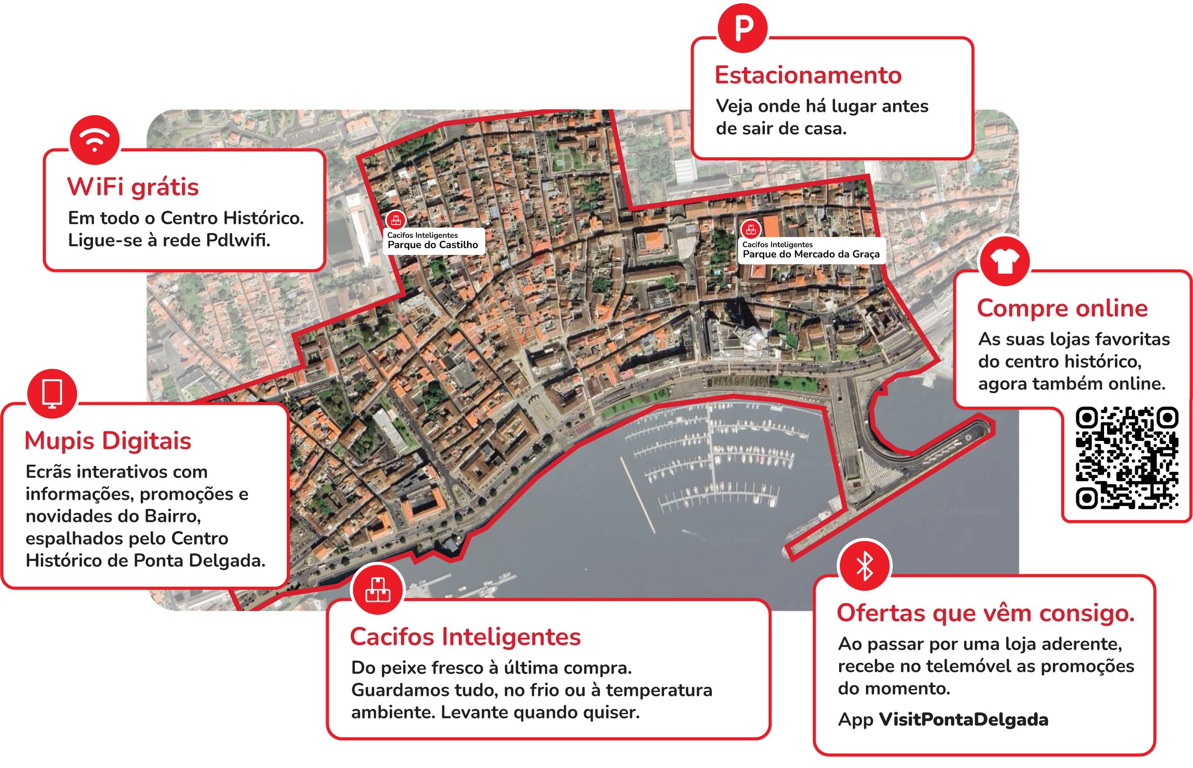 Mapa do Bairro Comercial Digital com o perímetro de 4 km e 0,43 km² do Centro Histórico de Ponta Delgada