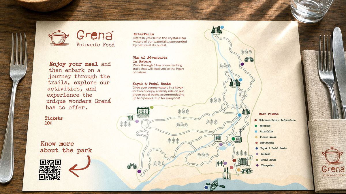 Individual de mesa ilustrado do restaurante Volcanic Foods, funciona também como mapa do Parque Grená
