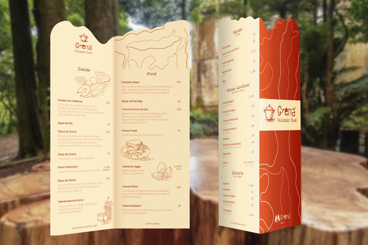 Design do menu do restaurante Volcanic Foods com tipografia orgânica e texturas de madeira