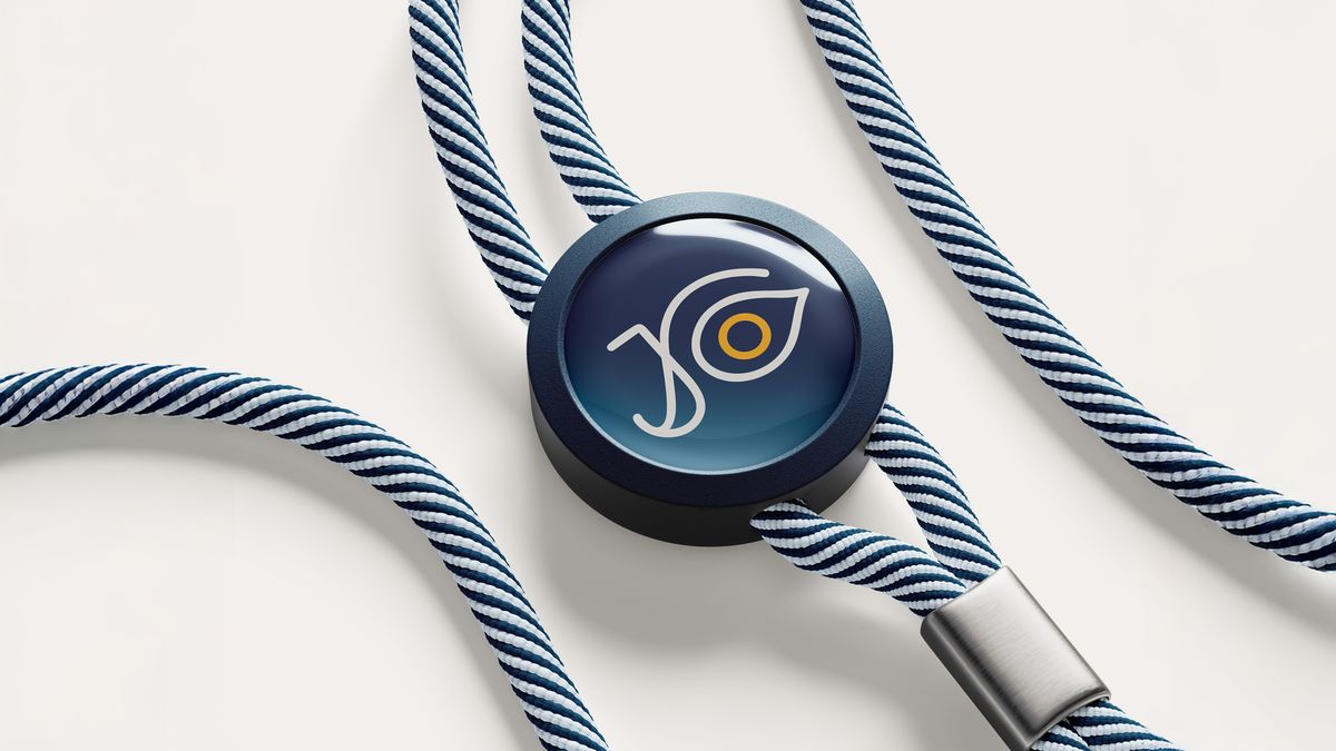Cordão identificador médico do Dr. João Pedro Cardoso, em azul e branco listrado