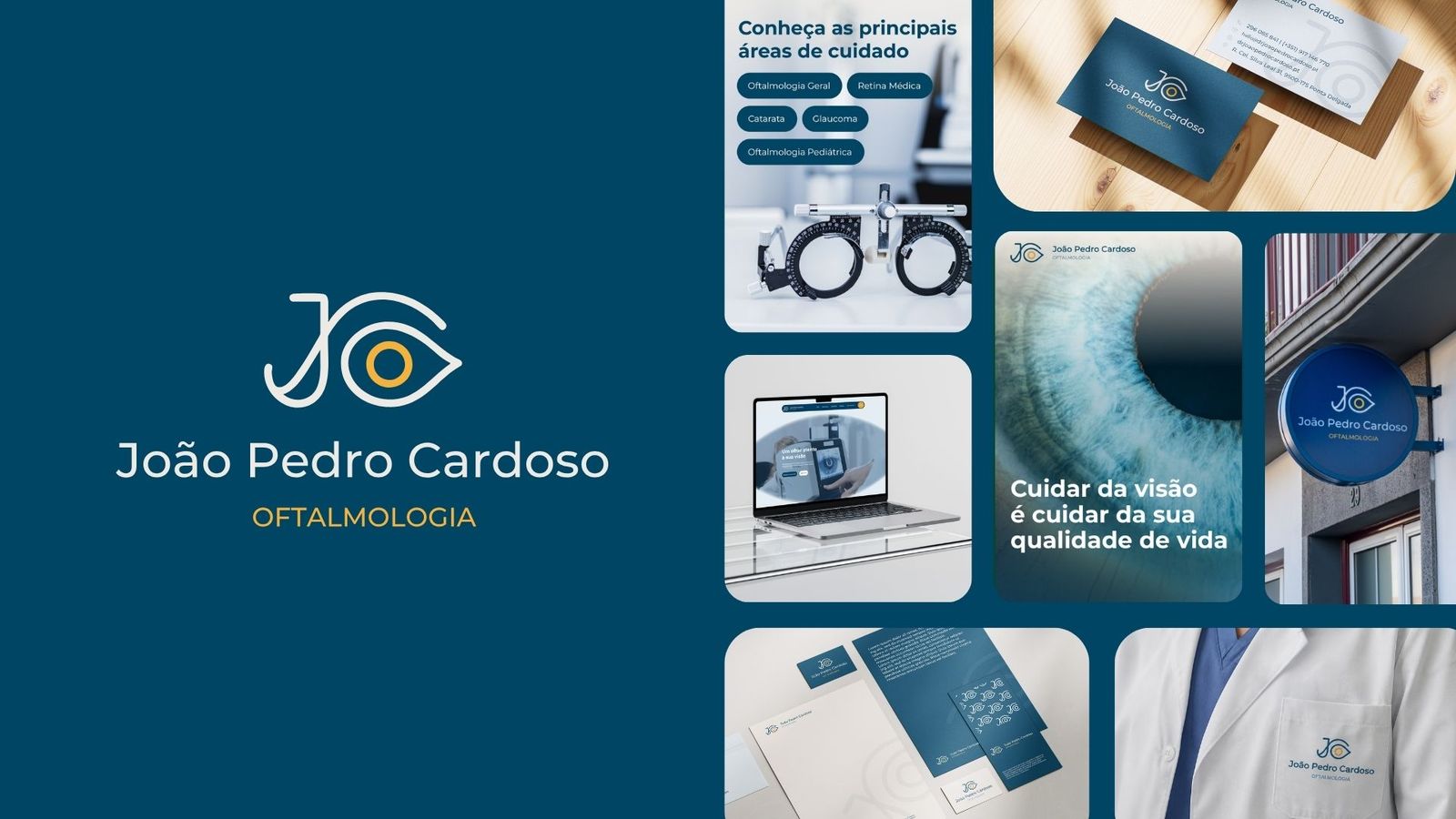Composição da identidade visual completa da marca Dr. João Pedro Cardoso oftalmologia, logotipo, áreas de atuação, cartões, website e bata