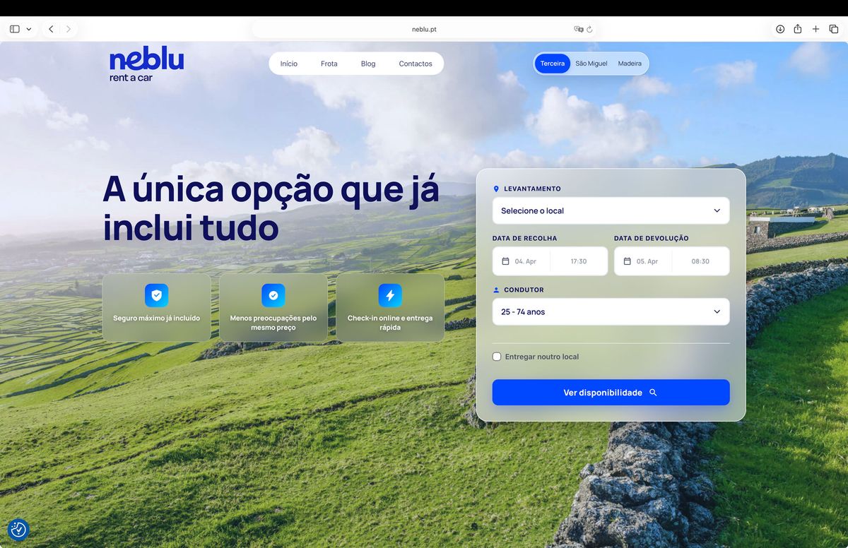 Interface do motor de reservas do website da Neblu rent-a-car