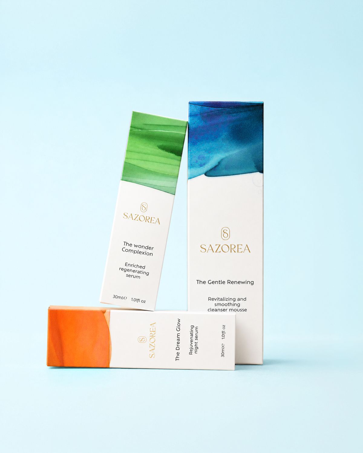 Os três produtos da linha Sazorea Trilogy Collection em conjunto, packaging de cosmética natural dos Açores