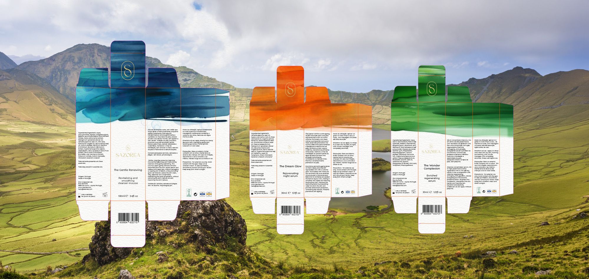 Cortantes e maquetes das três embalagens da linha Sazorea de cosmética natural, mostrando a anatomia técnica do packaging desenvolvido pela Insurgente