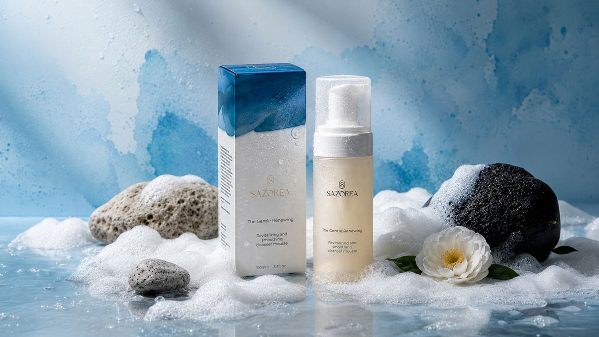 Embalagem The Gentle Renewing, espuma de limpeza Sazorea com design azul