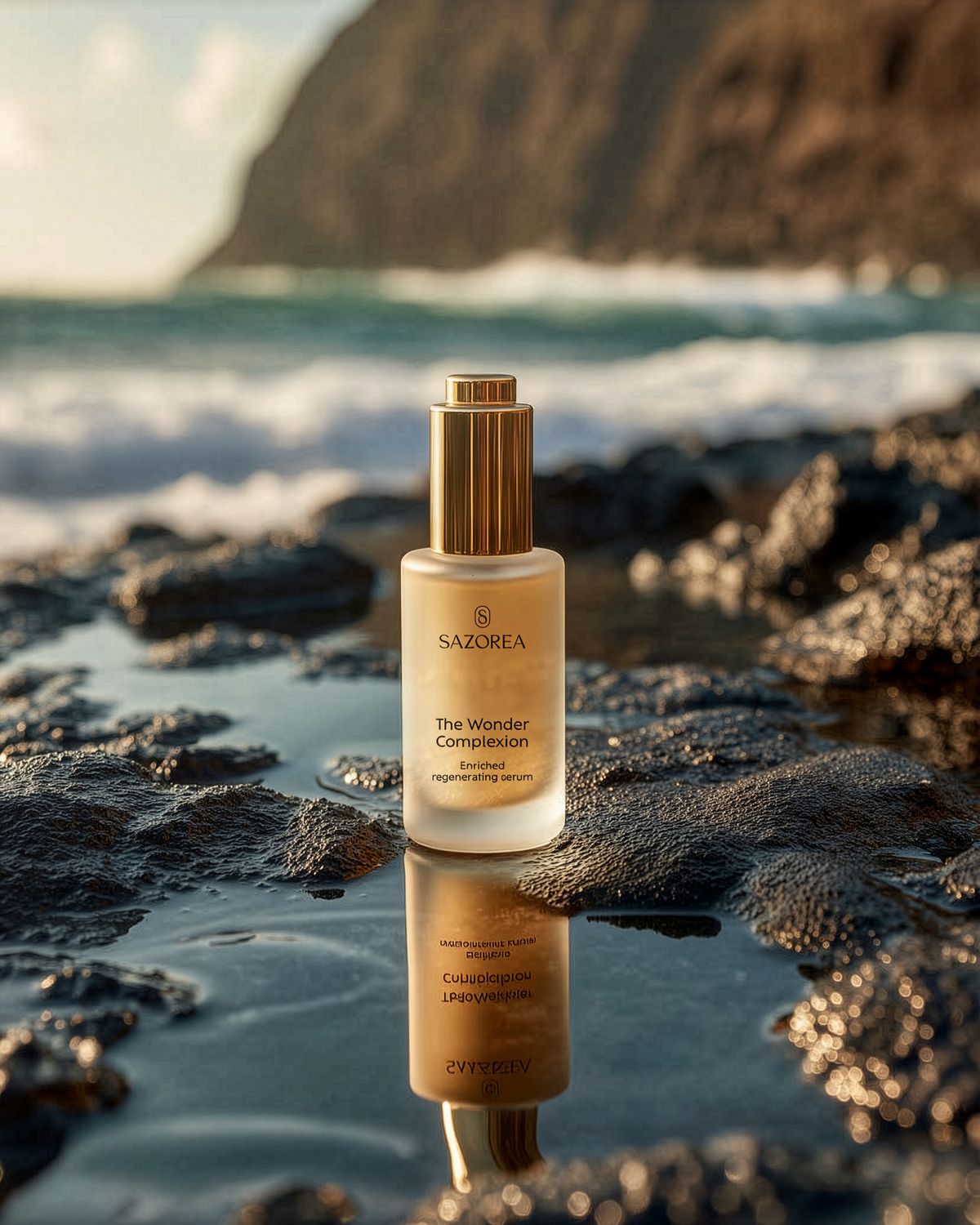 Sérum Sazorea The Wonder Complexion sobre rochas vulcânicas com o mar dos Açores em fundo